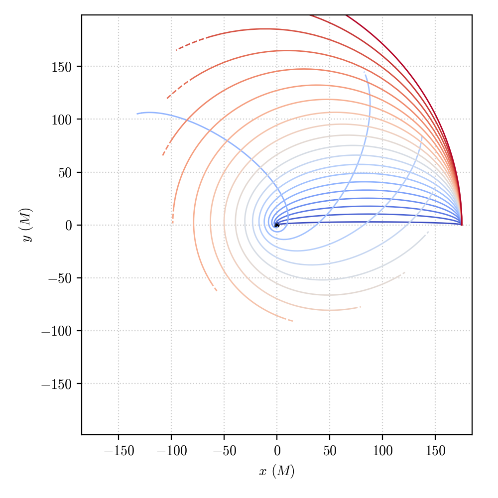 A bunch of time-like geodesic either plunging in the central black hole or orbiting it, depending on the value of the initial velocity.